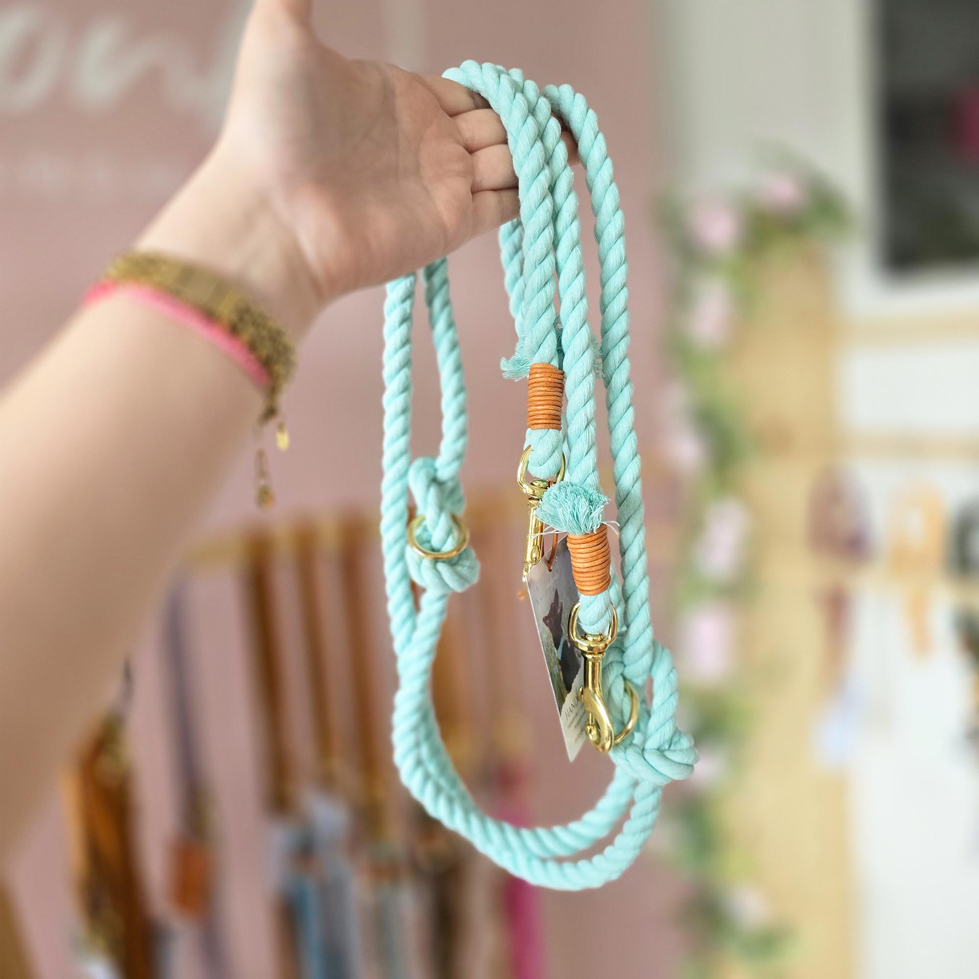 Baumwollleine Pastell Türkis 2,3m (große Karabiner) + Tauzergel Gratis
