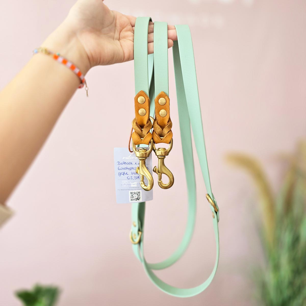 Eukalyptus Biothane Leine mit Leder 2,3m (große Karabiner)